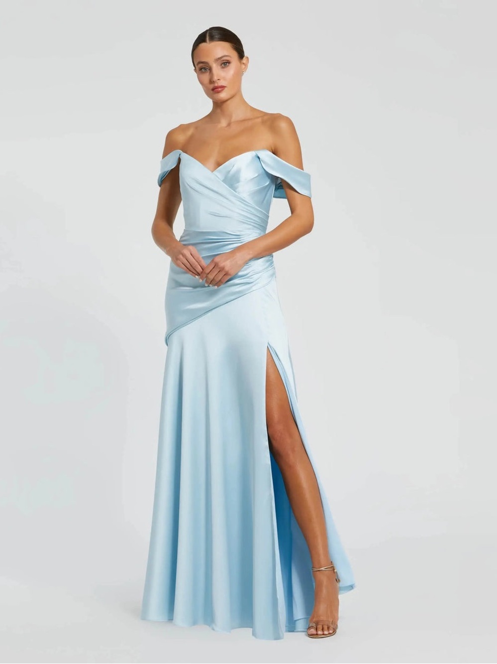 IEENA FOR MAC DUGGAL Blue Satin Off The Shoulder Crossover Gown 10 NEW Flawed